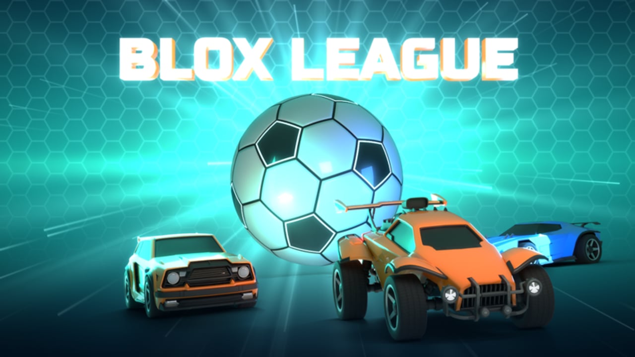 Blox League car soccer match — cars battling for the ball on a Roblox pitch